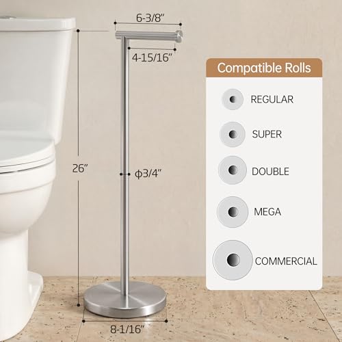 KES 26" Tall Toilet Paper Holder Stand with Weighted Base, Brushed Finish | Free Standing Design, Rustproof SUS304 Stainless Steel, Weighted Base, Anti-Slip Pad, Easy Assembly, Fits All Roll Sizes - color: Brushed Grey, size: 26" H