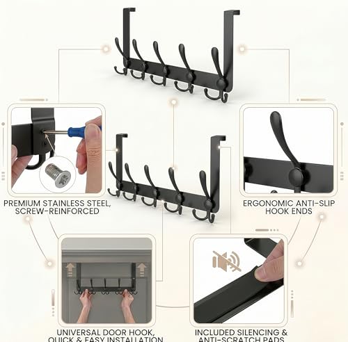 Over The Door Hooks,Coat Rack for Hanging Clothes Hat Towel (Heavy Duty Black 1pcs) …