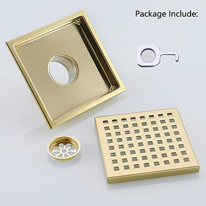6 Inch Square Shower Floor Drain with Removable Cover Grid Grate,SUS304 Stainless Steel Brushed Gold Brass Finished,98738BG6. - color: Brushed Gold