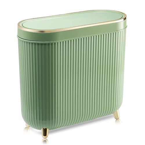 Supteron Bathroom Trash Can with Lid 3.2 Gallon Narrow Trash Can Small Plastic Trash Bin 12 Liter with Press Type Lid for Bedroom Bathroom, Mint Green - color: Mint Green