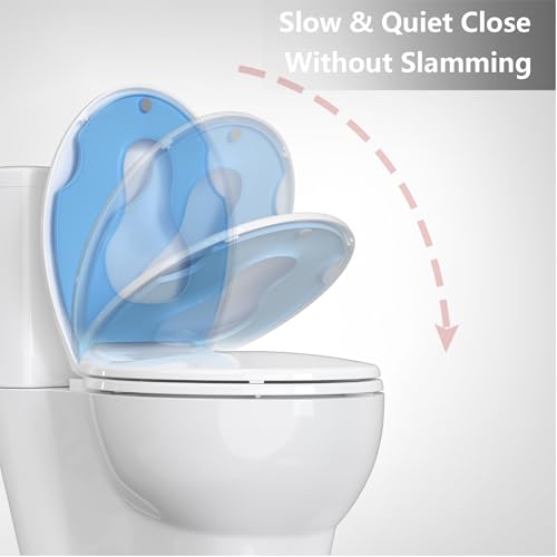 17" Round Toddler Toilet Seat, Built-In Potty Training Seat with Soft Quiet Close Non-Slip Design, Magnetic Kids Seat and Cover for Family Bathrooms, Durable and Easy to Clean,Blue - color: Blue, with Toddler Seat, size: Round (17″)