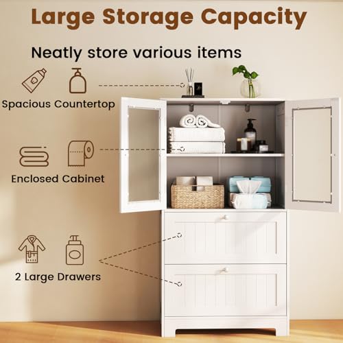 Tangkula Bathroom Floor Storage Cabinet, Freestanding Cupboard Pantry with 2 Drawers and 2 Frosted Glass Doors, Adjustable Shelf, for Kitchen, Living Room, Dining Room, 23.5" x 12" x 42.5" (White)