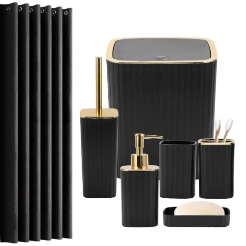 19PCS Bathroom Accessories Set, Black and Gold Bathroom Set for Modern Home | Includes Shower Curtain, Toilet Brush, Trash Can, Soap Dispenser and Toothbrush Holder, for Bathroom Decor - color: Black, size: Bath Set+Shower Curtain