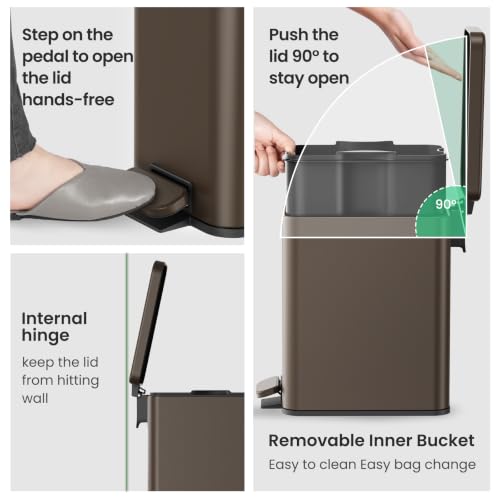 Cesun 2.6 Gallons Small Bathroom Trash Can with Lid Soft Close, Brown | Removable Inner Bucket, Small Stainless Steel Garbage Can for Bedroom/Office, Hands-Free Step Pedal, Fingerprint-Resistant - color: Brown