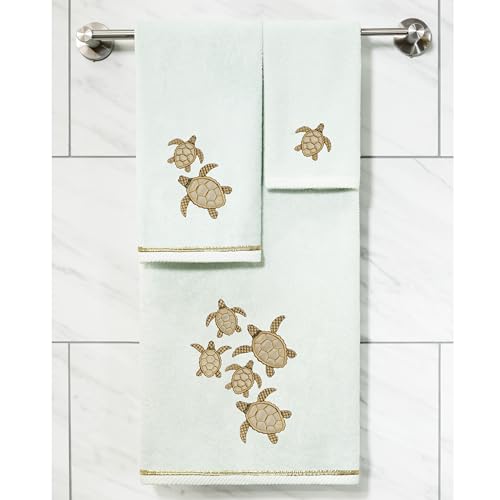 Jewel 4-Piece Premium Towel Set, Embroidered Turtles, Plush Turkish Cotton, Durable & Quick Dry, Elegant Beach Style, 2 Bath 2 Hand Towels, Aqua - color: Aqua, size: 2 Pcs Bath 2 Pcs Hand Towel