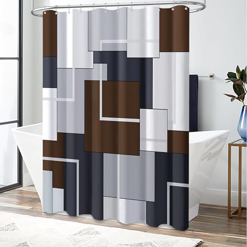 BTTN 60x72 Stall Modern Geometric Waterproof Fabric Shower Curtain, Brown | Narrow Long, Premium Polyester, Weighted Hem, 10 Plastic Hook, Vibrant Color, Wrinkle-resistant, Quick-Dry, Machine Washable - color: Brown, size: 60"W x 72"L (Pack of 1)