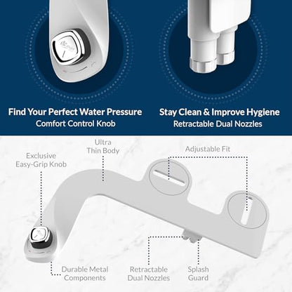 Bio Bidet SlimEdge Bidet Attachment for Toilet, Non Electric, Dual Nozzles for Front and Rear Cold Water Wash, Adjustable Water Pressure, White - size: 1 Pack