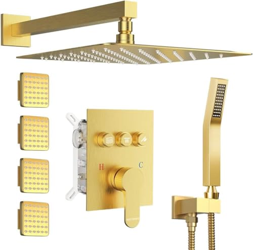 Shower System with Body Jets,Bostingner 12" Rain Shower and Handheld, Can Use All Spray at A Time,Wall Mount Push Button Shower Faucet Set with Valve and Trim Kit Included,Brushed Gold - color: Gold, size: 12 Inch