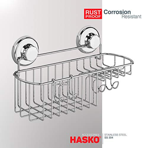 HASKO Shower Caddy Suction Cup, Shower Shelf with Soap Dish and Hooks Organizer, Suction Bathroom Shelf for Storage, Wall Mounted Basket (Polished Stainless Steel SS304) - color: Silver (1 Pack)