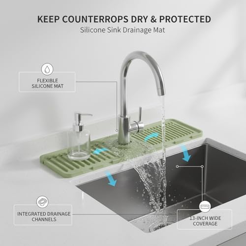Silicone Faucet Splash Guard Mat，13 x 3.35 Inches | For Kitchen & Bathroom Sinks,Flexible Drainage Tray Design,Helps Keep Sink Area Dry,Easy to Use and Clean - color: Green