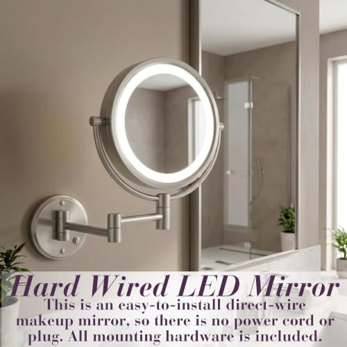 JERDON Hardwired Wall-Mount Makeup Mirror - 8X/1X - Nickel - HL88NLD | 8.5" Round Frame, 13.5" Wall Arm, LED Lighting, Direct Wire Installation - color: Nickel Direct Wire