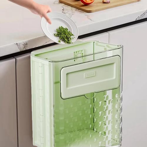 Wall-Mounted Foldable Trash can, Hanging Trash Can with Lid, Kitchen Garbage Can with Lid, Trash Can for Kitchen Cabinet Door or Under Sink, Bathroom, Living Room, Office, Food Waste Bin (Green) - color: Green