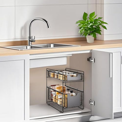 2 Tier Under Sink Organizer,Slide Out Kitchen Cabinet Organizer,Pull Out Pantry Storage with 2 baskets, Office Supplies,Kitchen,Bathroom Organizer with Sliding Drawer,Large Capacity,Multi-Use