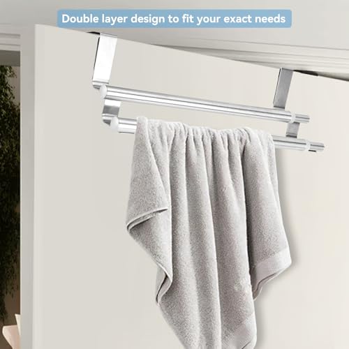 Kitchen Retractable Towel Holder, Stainless Steel Adjustable Double Over Cabinet Door Drying Kitchen Towels Hanger Bar Rack for Homes, Apartments, Condos Bathroom or Kitchen
