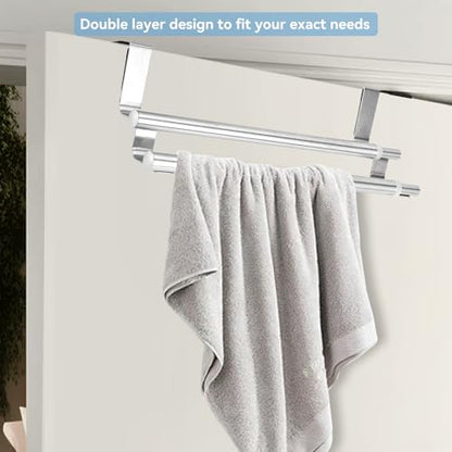 Kitchen Retractable Towel Holder, Stainless Steel Adjustable Double Over Cabinet Door Drying Kitchen Towels Hanger Bar Rack for Homes, Apartments, Condos Bathroom or Kitchen