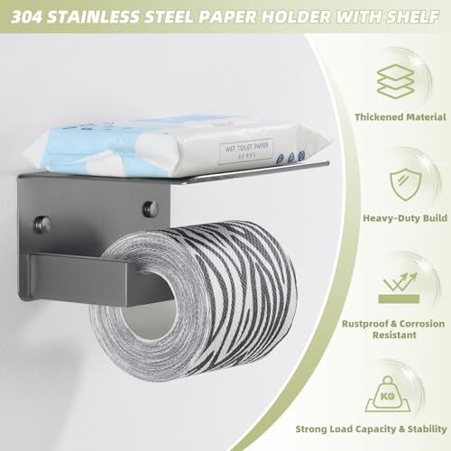 Toilet Paper Holder with Phone Shelf Gunmetal Gray, 304 Stainless Steel Rustproof Wall Mounted Heavy-Duty, Space-Saving for Modern Bathrooms - color: Gun Gray, size: Single Rod