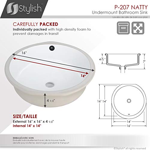 Stylish Round Bathroom Sink 16 x 16 Inch Ceramic Porcelain Undermount Bathroom Sinks Enamel Glaze Finish Smooth and Stain Resistant White Surface with Chrome and Matte Black Overflow, P-207 - style: 16"x16" Chrome & Matte Black Overflows