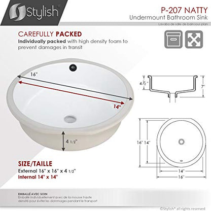 Stylish Round Bathroom Sink 16 x 16 Inch Ceramic Porcelain Undermount Bathroom Sinks Enamel Glaze Finish Smooth and Stain Resistant White Surface with Chrome and Matte Black Overflow, P-207 - style: 16"x16" Chrome & Matte Black Overflows