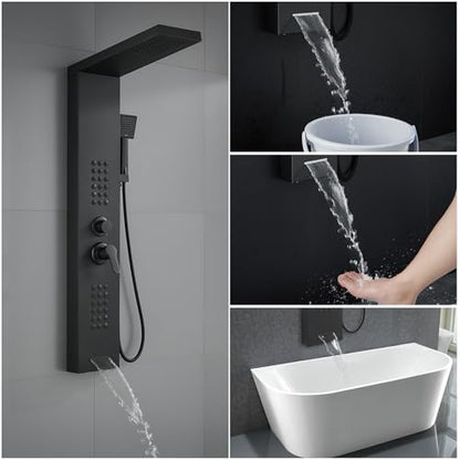 ROVATE Shower Panel Tower System with Rainfall Shower Head, Matte Black | Shower Tower with Powerful Body Jets, Handheld Shower and Tub Spout, Stainless Steel Shower Column Black High Pressure - style: 4 Modes-Matte Black-2 Jets