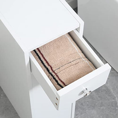HOMCOM Bathroom Floor Organizer Free Standing Narrow Storage Cabinet White | Wooden, Space Saving, Bath Toilet Paper Holder, with Drawers