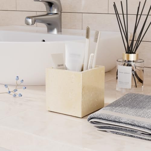 Marble Pen Holders with Natural Patterns,3.9x3.9x3.9in,Travertine | Makeup Brush Holders with Anti Slip Foot Pads, Rectangular Toothbrush Organizer,Natural Stone Utensil Container for Bathroom - color: Travertine