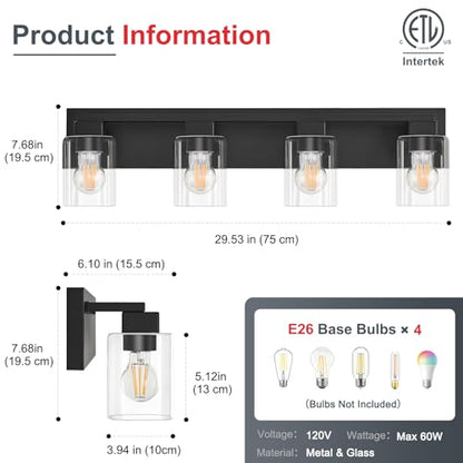 4-Light Matte Black Bathroom Light Fixtures, with Clear Glass Shade | 29.5 Inch Bathroom Lighting Fixtures Over Mirror, Modern Wall Light, bathroom vanity light E26 Socket, ETL - color: Black, size: 4-Light