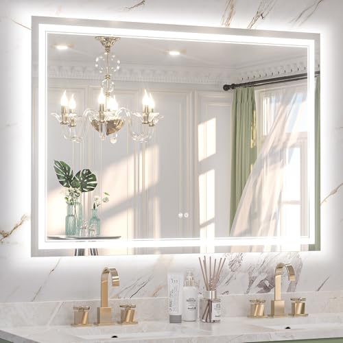 Keonjinn 50" x 36" LED Bathroom Mirror with Lights, Frontlit & Backlit | Safe HD Tempered Glass, 3 Color Temperature, Dimmable, Auto-OFF Defogging, Smart Memory Function, Lighted Vanity Wall Mirror - size: 36"L x 50"W
