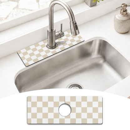 Light Brown White Checkered Kitchen Sink Splash Guard Faucet Mat,Faucet Non-Slip Absorbent Mat,Farmhouse Sink Splash Guard Behind Faucet for Kitchen Bathroom, 15"x5.5" - color: Drying Faucet Mat 1