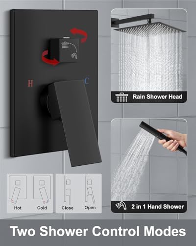 Aolemi Shower System with Rain Head and Handheld,16-Inch,Matte Black | High-Pressure Shower Faucet Set with Dual-Function Handheld,Rough-In Valve,1.8 GPM,Wall-Mount Trim Kit - color: Matte Black, size: 16 Inch