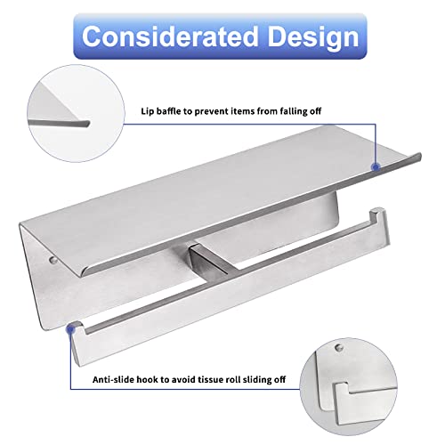 Double Toilet Paper Holder with Shelf,Idealmax Toilet Paper Holder Brushed Nickel,Large Commercial Toilet Paper Dispenser Phone Shelf, Wall Mounted Tissue Roll for Bathroom, Stainless Steel