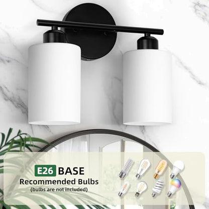2-Light Bathroom Light Fixtures, Black Modern Vanity Lights with Milky White Frosted Glass Shades, Bathroom Wall Lamp for Kitchen Living Room Hallway - color: Milky White & Matte Black, size: 2 Light - 1 pack