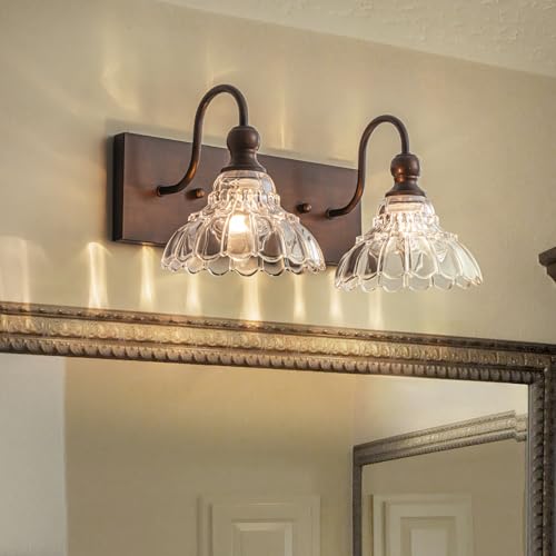 EDISLIVE Vintage Vanity Light for Bathroom ORB 2-Light Bath Wall Light Fixture with Clear Flower Glass Shades 16.5" E12 Antique Wall Sconce for Bedroom Hallway Living Room Vanity Mirror - color: ORB, size: 2 Light