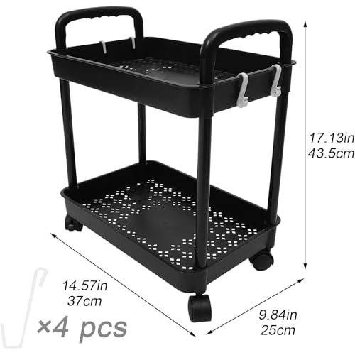2-Tier Black Rolling Storage Cart with 4 Hanging Hooks - Slim Mobile Utility Cart Organizer, Compact Multi-Functional Narrow Rolling Shelf Rack on Wheels for Kitchen, Bathroom, Laundry Room, Office