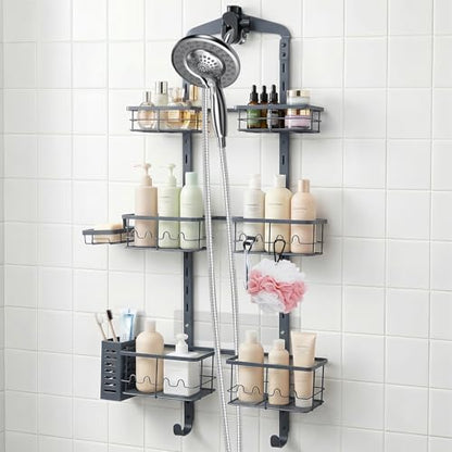 Extra Large Shower Caddy Hanging, Rust-Resistant Shower Organizer Hanging,3 Tier Height-Adjustable Over the Head Caddy,Rack with Soap Basket (Gray) - color: Gray