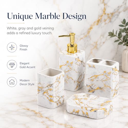 4 Piece Bathroom Accessories Set - White Bathroom Accessory Sets Includes Lotion Dispenser, Toothbrush Holder Tumbler, and Soap Dish - Glossy Finish (Marble, White) - color: White