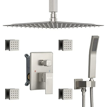 Brushed Nickel Shower System with 4 PCS Shower Body Spray Jets & 12’’ Ceiling Shower Head & Handheld Spray, DASAN Full Body Shower Faucet System with Jets Rainfall Shower Combo Set, SA-SS03BBN-S12C - color: Brushed Nickel