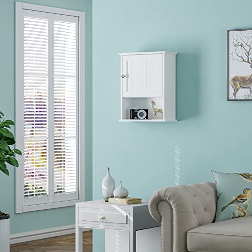 Spirich Bathroom Wall Cabinet Over Toilet, Small Medicine Cabinet, White | FSC-Certified Wood, Adjustable Shelf, Single Beadboard Door, Open Bottom Shelf, Compact Wall Storage for Bathroom or Kitchen