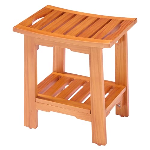 DUMOS 14" Woodern Shower Bench for Inside Shower, Waterproof Bathroom Bench | Shower Chair for Shaving Legs and Spa, Non-Slip Solid Wood Shower Stool with Handles for Senior Adult Disabled Elderly, Brown - size: 13.98"W