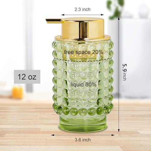 Glass Foaming Soap Dispenser, Green Foam Hand Soap Dispenser, Bathroom 12 Oz Large Bottle with Gold Pump, Refillable Lotion Pump Container for Bathroom, Kitchen,Hand Soap, Dish Soap, Shampoo - color: Green