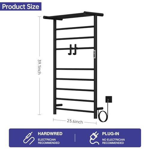 Heated Towel Racks for Bathroom, 11Bar Electric Towel Warmer Rack with Shelf & 2 Hooks, Wall-Mounted Time Setting and Temperature Control Heated Drying Rack for Home, Salon, Spa (Black - color: Black