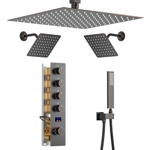 Oil Rubbed Bronze Shower System with 3 Rain Shower Head(12+8+8 inch), Handheld Spray, 4 Way Smart Temperature Display Shower Faucet set - color: Oil Rubbed Bronze, size: 12+8+8 inch
