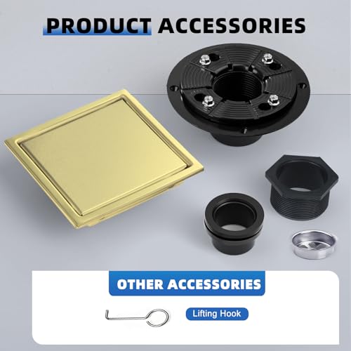 Gold Shower Floor Drain 6 inch with Flange, Square Shower Drain with 2 in 1 Tile-Insert Cover, SUS 304 Stainless Steel, Brushed Gold - color: Brushed Gold, size: Ultra flat surface