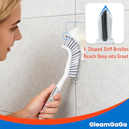 3 Pack Shower Brush for Cleaning, Heavy-Duty Scrub Brush Set for Bathroom | 3 Specialized Brushes, Stiff Bristles, Curved Brush, V-Shaped Grout Brush, Bathroom Deep Cleaning