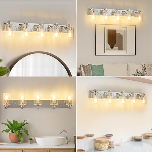 5-Light Bathroom Light Fixtures Modern Chrome Vanity Lights | Easy to Install Clear Glass Shades, Wall Mount Up or Down, E26 Socket, Hardwired, 128V - color: Chrome, size: 5 Lights