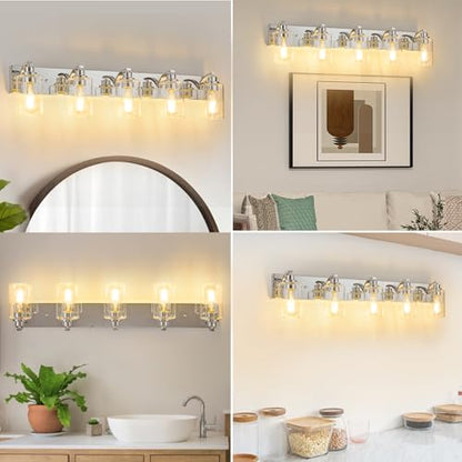 5-Light Bathroom Light Fixtures Modern Chrome Vanity Lights | Easy to Install Clear Glass Shades, Wall Mount Up or Down, E26 Socket, Hardwired, 128V - color: Chrome, size: 5 Lights