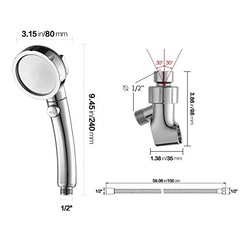 KAIYING High Pressure Handheld Shower Head with ON/OFF Pause Switch | 3 Spray Modes Shower Wand with Shut Off Button, Camper & RV Showerhead with Hose & Angle Adjustable Bracket, Chrome Finish - color: Chrome