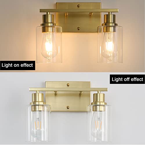 2-Lights Gold Bathroom Light Fixture, Brushed Brass Vanity Light with Clear Glass Shade, Modern Bath Wall Lights for Living Room, Hallway, Bedroom - color: Gold 2-Light