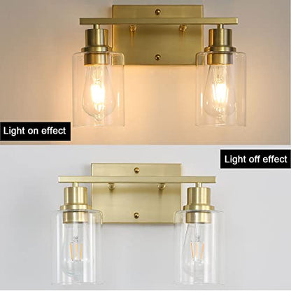 2-Lights Gold Bathroom Light Fixture, Brushed Brass Vanity Light with Clear Glass Shade, Modern Bath Wall Lights for Living Room, Hallway, Bedroom - color: Gold 2-Light