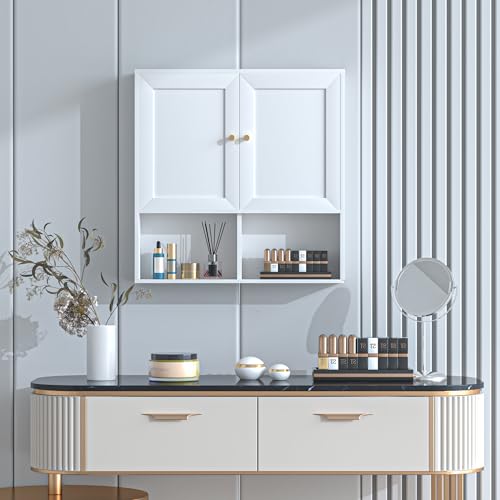 Bathroom Wall Cabinet, Medicine Cabinet with 2 Door and Adjustable Shelves,3-Tier Wood Hanging Storage Over The Toilet,White Wall Mounted Cabinet for Bathroom, Kitchen,Laundry Room