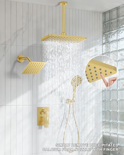 KOJOX Brushed Gold Dual Shower Head System – 11" Ceiling Rainfall + 6" Wall Mount Heads, 6-Mode Handheld Spray, Push-Button Diverter Faucet Set - color: Brushed Gold, size: 6''+11''